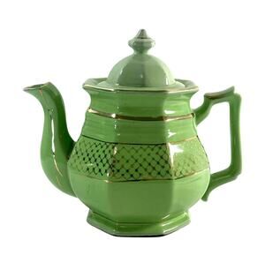 Vintage Art Deco Green Porcelain Teapot Gold Gilt Geometric Octagonal 7.5”